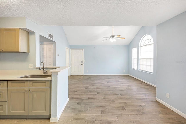 kitchen with light wood finished floors, ceiling fan, light countertops, lofted ceiling, and a sink