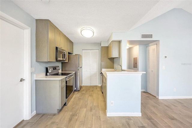 kitchen featuring visible vents, light wood-style flooring, electric panel, light countertops, and appliances with stainless steel finishes