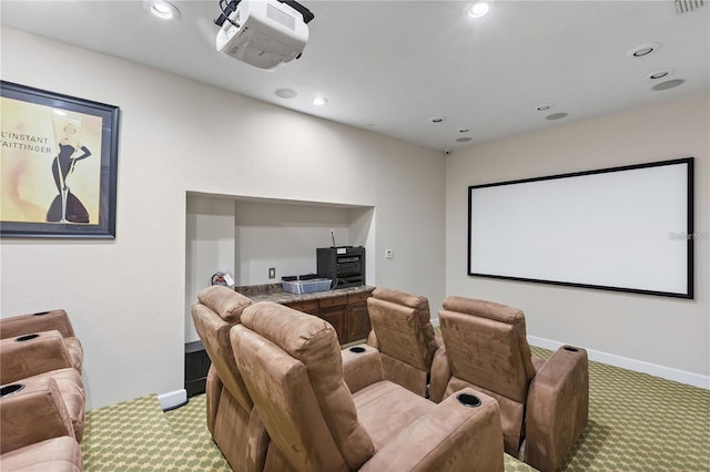 cinema featuring recessed lighting, baseboards, and light carpet