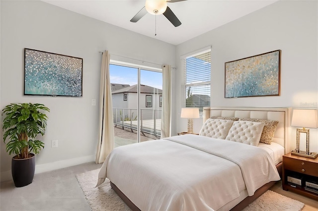 bedroom featuring ceiling fan, access to outside, baseboards, and light carpet