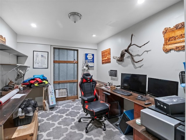 office area with recessed lighting and a wall mounted air conditioner