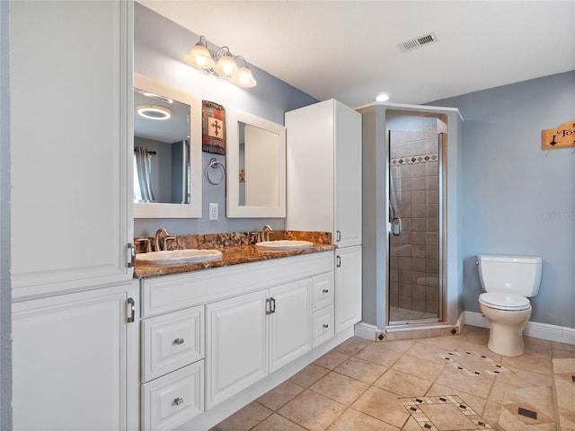 bathroom with a shower stall, toilet, visible vents, and a sink