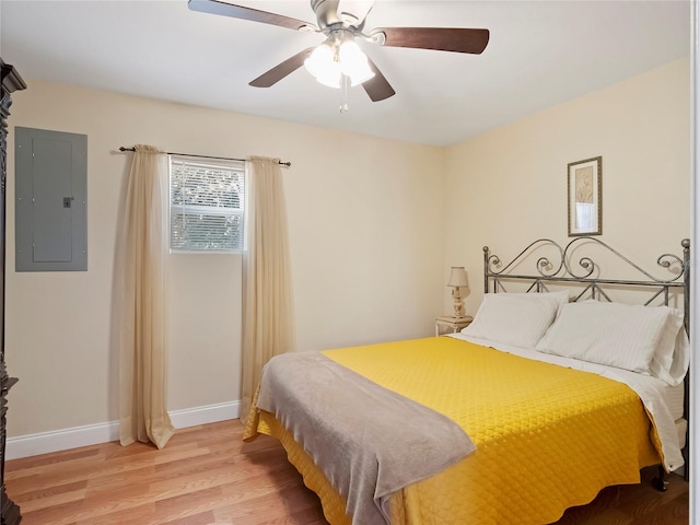 500 Forest Lake Dr, Altamonte Springs, FL 32714 - bedroom featuring electric panel, light wood-style floors, baseboards, and a ceiling fan