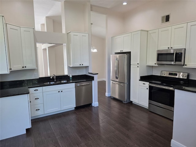 kitchen with visible vents, a sink, stainless steel appliances, dark wood-type flooring, and white cabinets