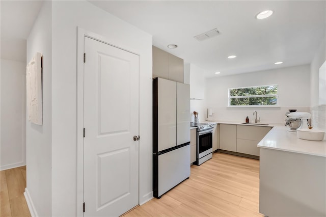 kitchen with visible vents, freestanding refrigerator, a sink, electric stove, and light wood-style floors