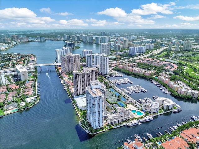 aerial view featuring a city view and a water view