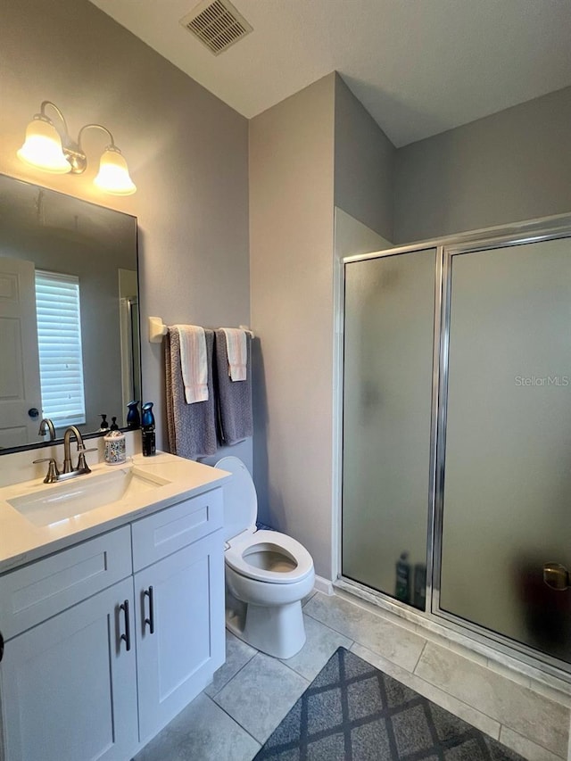 bathroom with visible vents, a stall shower, vanity, and tile patterned flooring