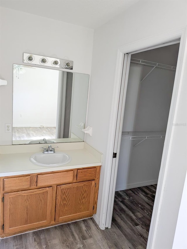 bathroom featuring a spacious closet, vanity, and wood finished floors