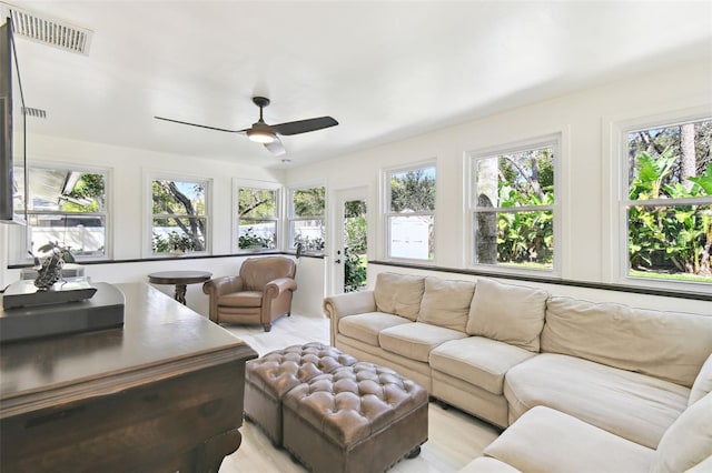 living area with visible vents and a ceiling fan