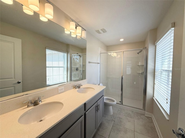 bathroom with a sink, visible vents, and a stall shower