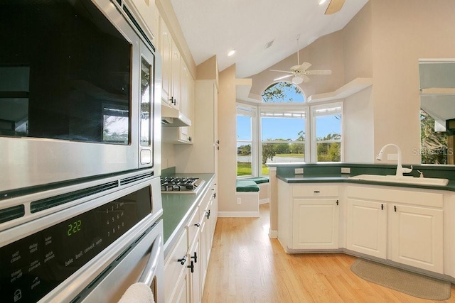 kitchen featuring ceiling fan, under cabinet range hood, light wood-style flooring, stainless steel appliances, and a sink