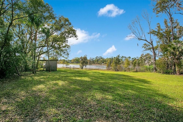 view of yard featuring a water view and fence