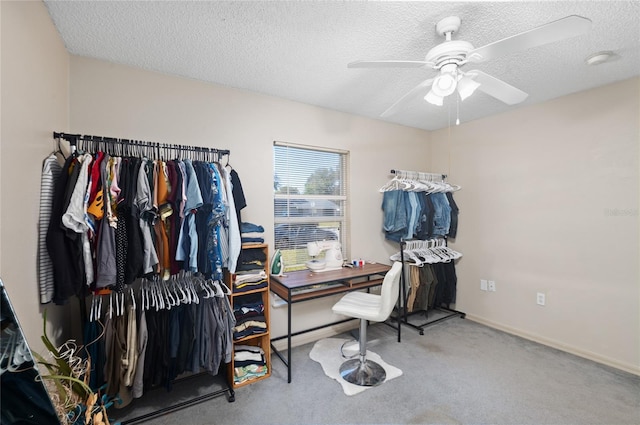 spacious closet featuring carpet flooring and ceiling fan