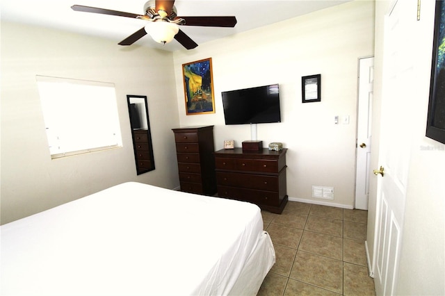 bedroom featuring visible vents, baseboards, a ceiling fan, and tile patterned flooring