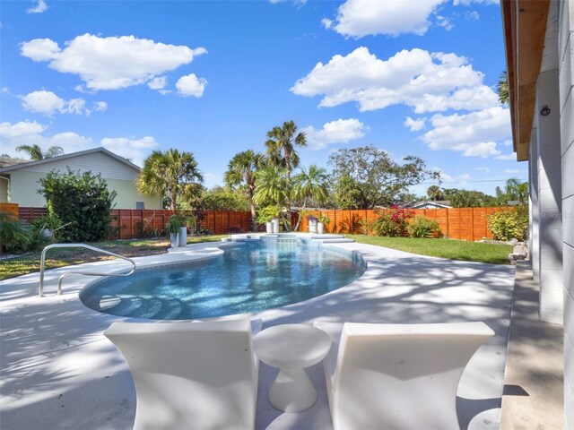 view of swimming pool with a fenced in pool, a fenced backyard, and a patio area