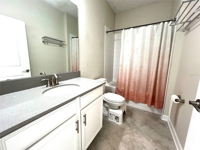 bathroom featuring tile patterned floors, toilet, shower / bath combo with shower curtain, and vanity