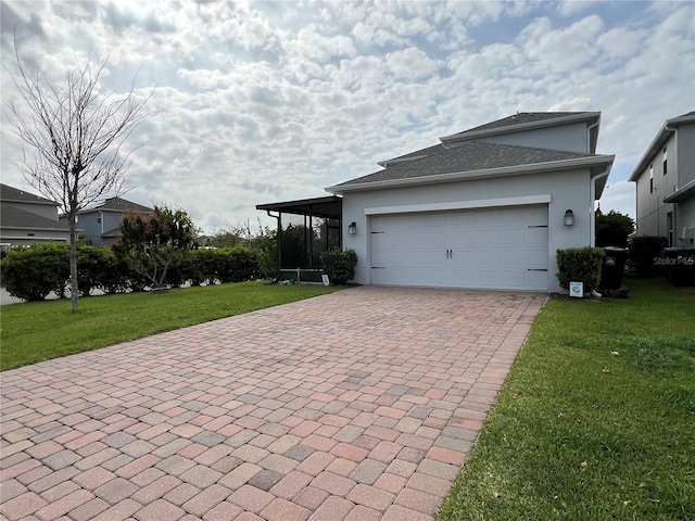 view of property exterior with a yard, decorative driveway, a garage, and stucco siding