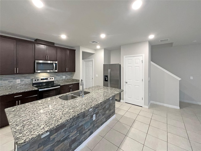 kitchen with visible vents, a sink, dark brown cabinetry, appliances with stainless steel finishes, and tasteful backsplash