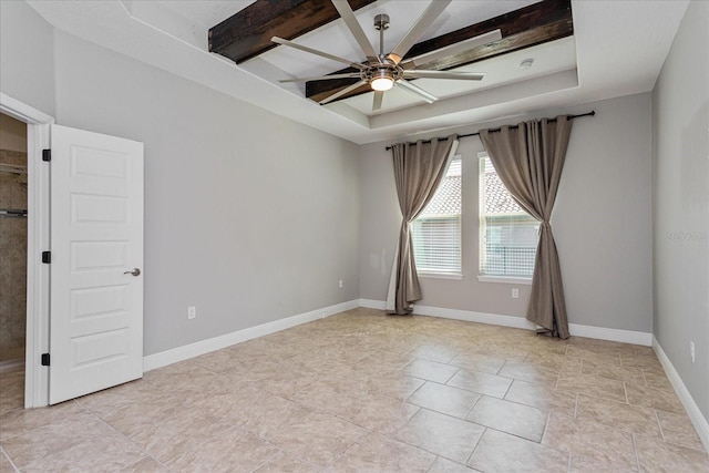 unfurnished room with baseboards, a raised ceiling, and ceiling fan