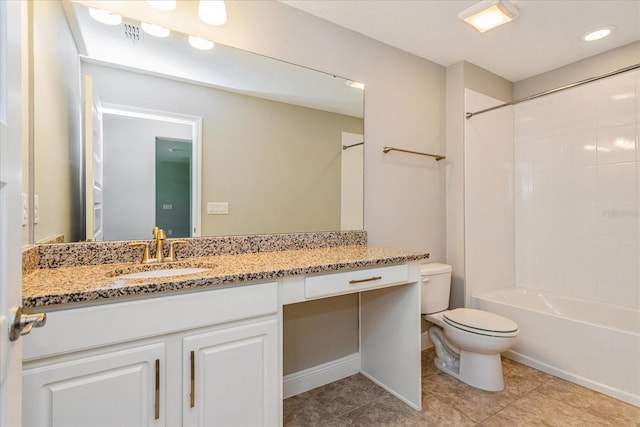 full bath with vanity, visible vents, tile patterned flooring, shower / washtub combination, and toilet