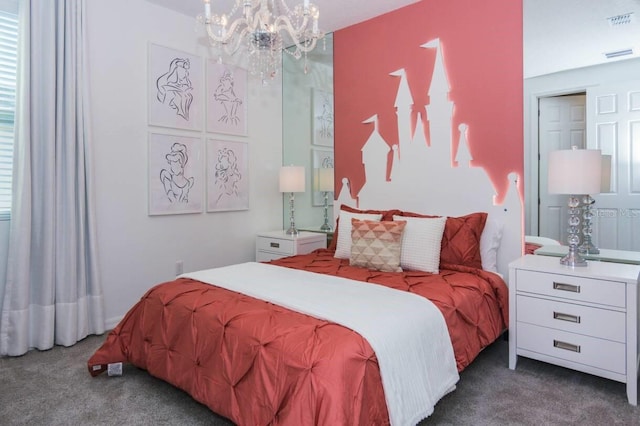 bedroom featuring visible vents and dark carpet