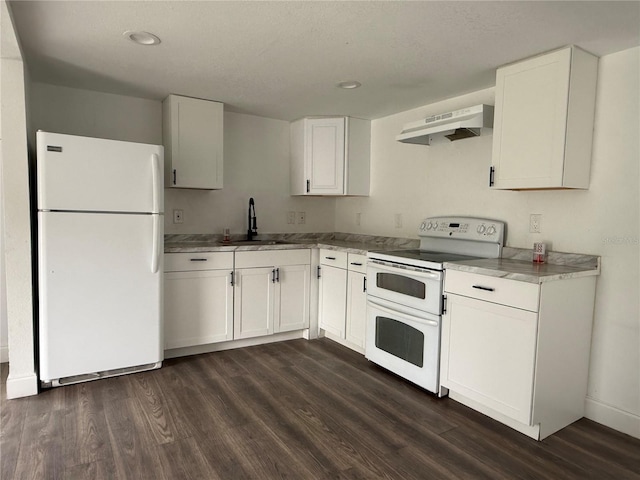 kitchen with under cabinet range hood, dark wood-style floors, white appliances, and a sink