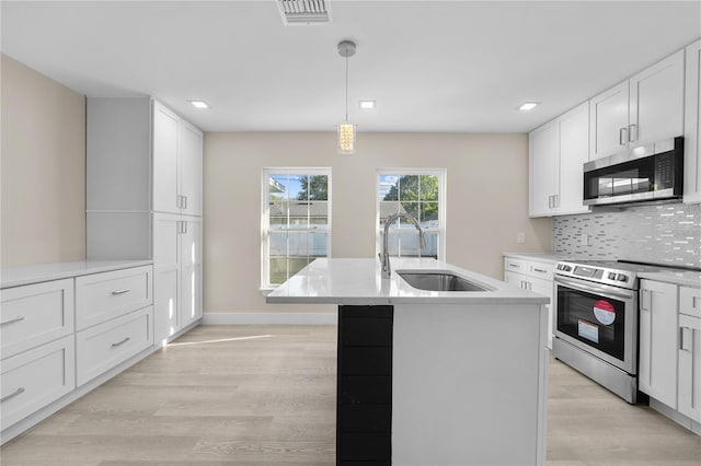 kitchen with visible vents, light wood finished floors, a sink, decorative backsplash, and stainless steel appliances