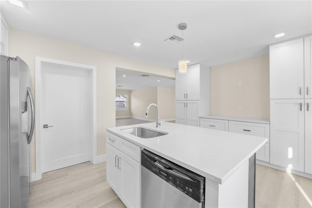 kitchen with white cabinets, visible vents, appliances with stainless steel finishes, and a sink