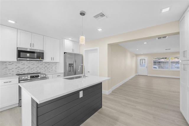 kitchen featuring tasteful backsplash, visible vents, white cabinets, stainless steel appliances, and a sink