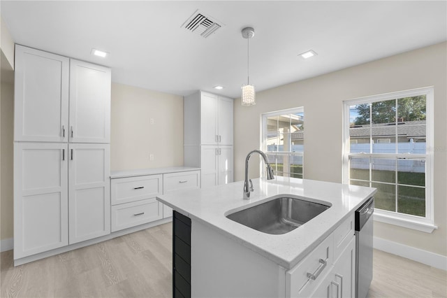 2418 Whitehall Cir, Winter Park, FL 32792 - kitchen featuring visible vents, white cabinetry, a sink, decorative light fixtures, and stainless steel dishwasher
