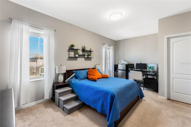 bedroom with baseboards and light colored carpet