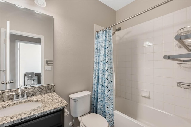 bathroom featuring toilet, vanity, and shower / tub combo with curtain