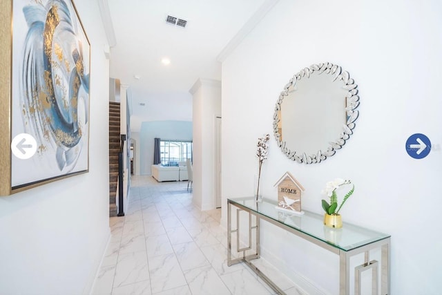 corridor featuring stairs, visible vents, marble finish floor, and baseboards