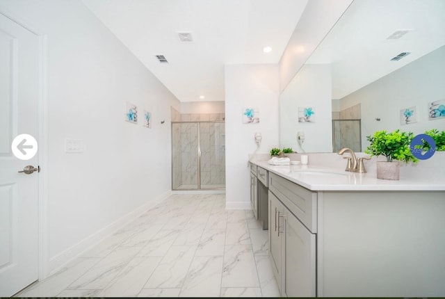 full bath with visible vents, baseboards, marble finish floor, and a stall shower