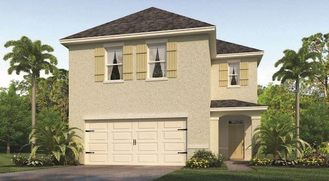 view of front of house with stucco siding, driveway, a shingled roof, and a garage