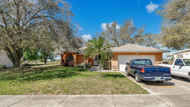 single story home featuring stucco siding, driveway, a front lawn, and an attached garage