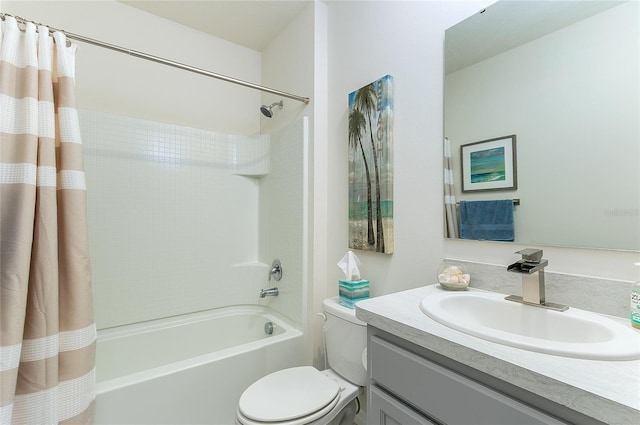 bathroom with toilet, vanity, and shower / bathtub combination with curtain