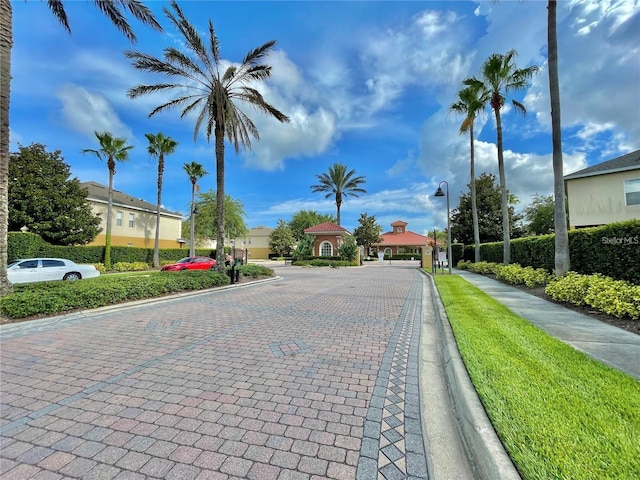 view of road with curbs, a gated entry, street lighting, and sidewalks