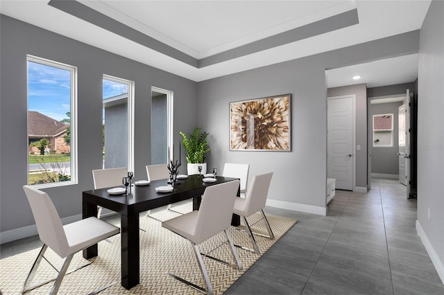 dining space featuring a tray ceiling and baseboards