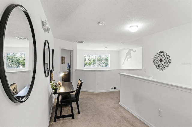 interior space with light carpet, plenty of natural light, a textured ceiling, and visible vents