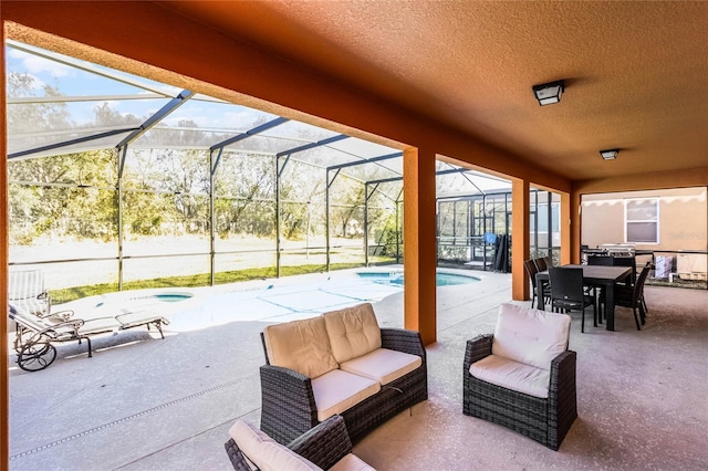 view of patio with an outdoor living space, an outdoor pool, a lanai, and outdoor dining space