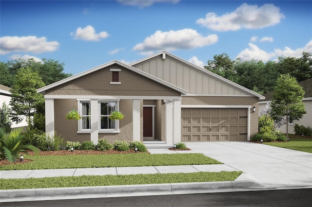 single story home featuring a garage, a front yard, stucco siding, board and batten siding, and driveway