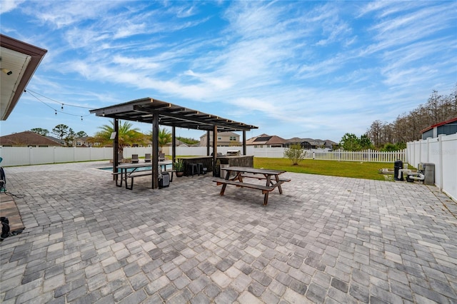 view of patio featuring a fenced in pool, a fenced backyard, and a pergola