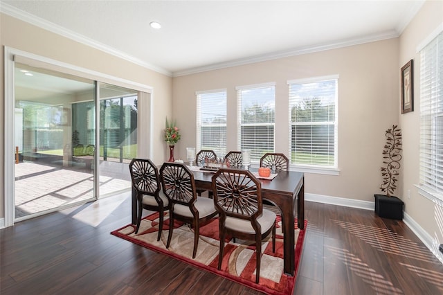 dining space with crown molding, wood finished floors, baseboards, and a wealth of natural light