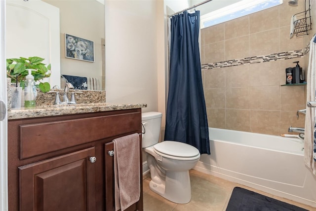 full bathroom with toilet, shower / bath combo, vanity, and tile patterned flooring