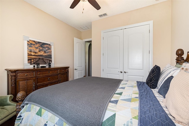 bedroom featuring visible vents, a closet, and ceiling fan