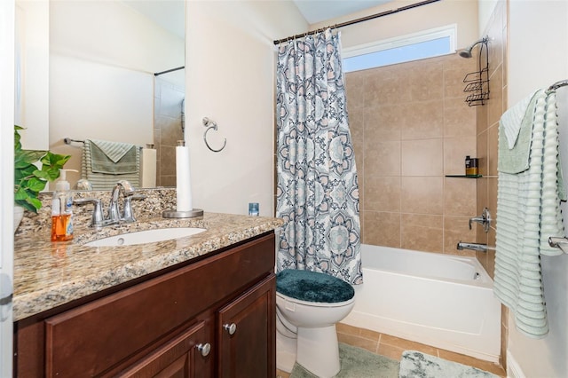 bathroom featuring tile patterned floors, vanity, toilet, and shower / tub combo with curtain