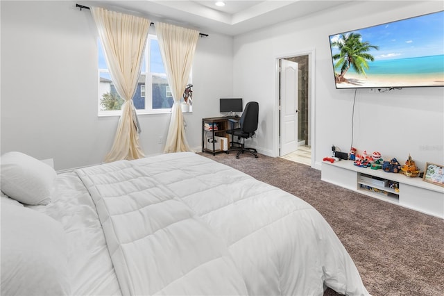 carpeted bedroom with recessed lighting, connected bathroom, and baseboards
