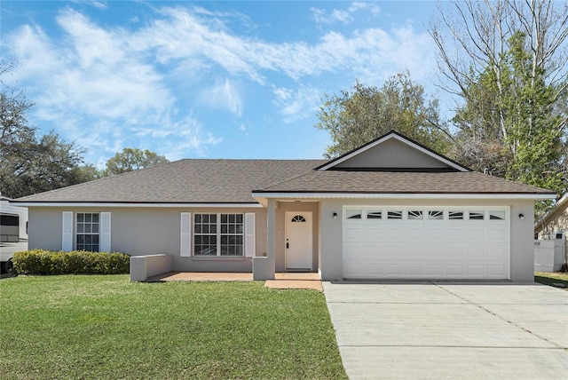 ranch-style house featuring stucco siding, concrete driveway, a front yard, a shingled roof, and a garage