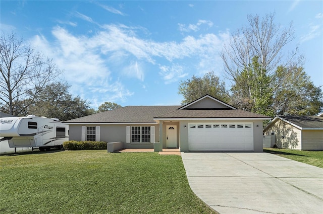 ranch-style house featuring stucco siding, driveway, a front yard, a shingled roof, and a garage